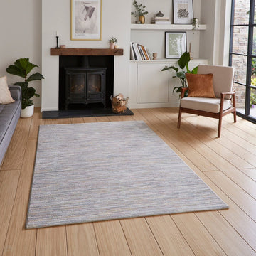Creation 50164 Modern Linear Stripe Distressed Metallic Shimmer Soft Textured Low Profile Short-Pile Soft Pink/Muted Blue/Beige/Ivory Rug-Think Rugs-Rug Love - The Most Loved Rug Store